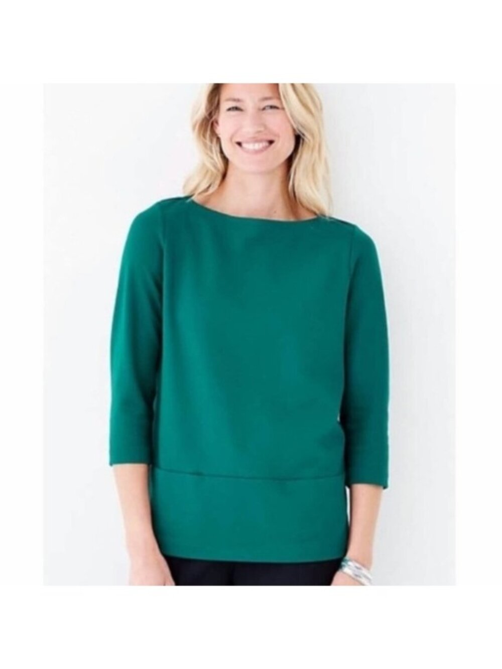 J. Jill Teal Ponte Knit 3/4 Sleeve Boatneck Pocket Top Womens Size Medium Petite